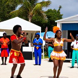 Caribbean Holidays, Bahamas May Holidays, Local Bahamian cultural performance with musicians, dancers and colourful costumes in a lively outdoor setting