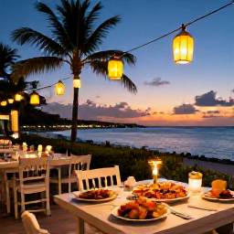 Caribbean Holidays, Bahamas May Holidays, Relaxed Bahamian evening at a waterside restaurant with fresh seafood, lanterns, palm trees and a sunset over the sea