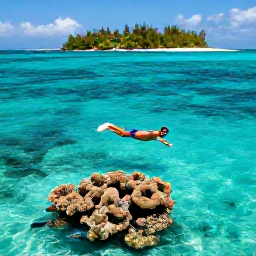Caribbean Holidays, Bahamas May Holidays, Turquoise Bahamian sea with a snorkeller above coral reef, tropical fish and a sandy island in the background