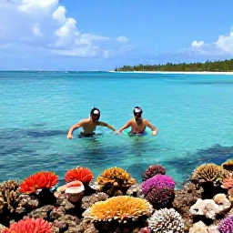 Caribbean Holidays, Bahamas Multi-Centre, A couple snorkelling above a colourful coral reef in clear shallow water near a Bahamian island