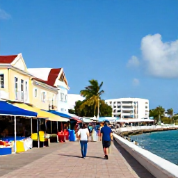 Caribbean Holidays, Bahamas Multi-Centre, A friendly travel scene in Nassau with colourful colonial buildings, a bustling market and visitors walking beside the waterfront