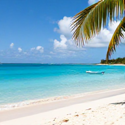 Caribbean Holidays, Bahamas Multi-Centre, A peaceful Bahamian island beach with clear turquoise water, a small boat offshore and palm trees in warm March sunshine