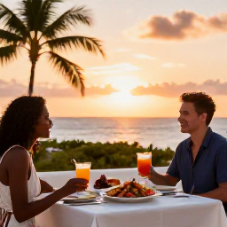 Caribbean Holidays, Bahamas Multi-Centre, A relaxed Caribbean dinner on an open-air terrace at sunset, with fresh seafood, colourful drinks and palm trees