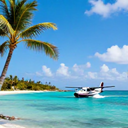 Caribbean Holidays, Bahamas Multi-Centre, A small inter-island aircraft or ferry arriving at a sunny Caribbean island, with palms and turquoise sea