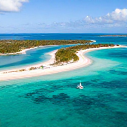 Caribbean Holidays, Bahamas Multi-Centre, Aerial view of turquoise Bahamian sea, white sandy islands and a small sailing boat under bright June sunshine