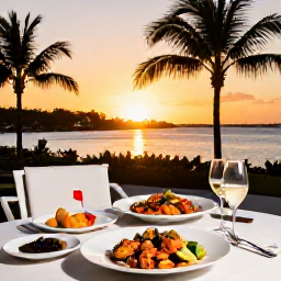 Caribbean Holidays, Bahamas Multi-Centre, Fresh Bahamian seafood dinner on a relaxed waterfront terrace at sunset, with palm trees and calm sea beyond