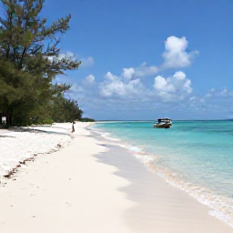 Caribbean Holidays, Bahamas Multi-Country Holidays, Small boat approaching a quiet white-sand beach on Grand Bahama, with clear shallow water and pine trees
