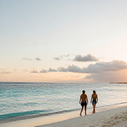 Caribbean Holidays, Bahamas Multi-Country Holidays, Sunset over a Bahamian beach with two travellers walking beside calm turquoise water and soft evening light