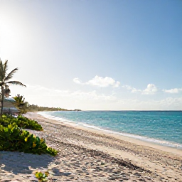 Caribbean Holidays, Bahamas Nature Holidays, A clear January morning over a turquoise Bahamian sea, with a quiet sandy beach, low palms and bright winter sunshine