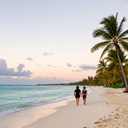 Caribbean Holidays, Bahamas Nature Holidays, A couple walking along a quiet Bahamian beach at sunset, with turquoise water, pale sand and palm trees