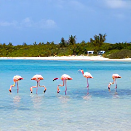 Caribbean Holidays, Bahamas Nature Holidays, A group of wild flamingos feeding in shallow blue water on a peaceful Bahamian island
