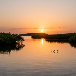 Caribbean Holidays, Bahamas Nature Holidays, A peaceful Bahamian mangrove wetland at sunset with wading birds, reflective water and distant low islands