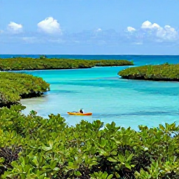 Caribbean Holidays, Bahamas Nature Holidays, A quiet turquoise lagoon surrounded by mangroves and low green islands in The Bahamas, with a small kayak in the foreground