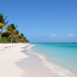 Caribbean Holidays, Bahamas Nature Holidays, A sunny February morning on a quiet Bahamian beach with clear turquoise water, pale sand, palm trees and a kayaker in the distance