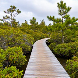 Caribbean Holidays, Bahamas Nature Holidays, A wooden boardwalk winding through green mangroves and pine trees in the Bahamas beneath soft winter sunlight