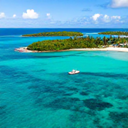 Caribbean Holidays, Bahamas Nature Holidays, Aerial view of turquoise Bahamian sea, green islands and a small boat near a quiet shoreline in June sunshine