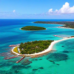 Caribbean Holidays, Bahamas Nature Holidays, Aerial view of turquoise Bahamian sea, green islands and sandy cays in bright August sunshine