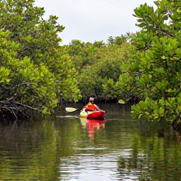 Caribbean Holidays, Bahamas Nature Holidays, Kayaker paddling through a peaceful Bahamian mangrove creek with green foliage and calm reflective water