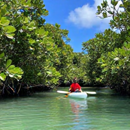 Caribbean Holidays, Bahamas Nature Holidays, Kayaker paddling through clear mangrove channels surrounded by lush green Bahamian vegetation