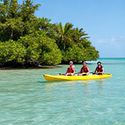 Caribbean Holidays, Bahamas Nature Holidays, Kayakers gliding through clear shallow water beside mangroves in the Bahamas