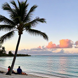 Caribbean Holidays, Bahamas Nature Holidays, Quiet Bahamian beach at sunset with palm trees, calm turquoise water and a couple of visitors enjoying the view