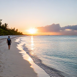 Caribbean Holidays, Bahamas Nature Holidays, Quiet white-sand Bahamian beach beside clear shallow water, with a visitor walking along the shoreline at sunset
