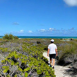 Caribbean Holidays, Bahamas Nature Holidays, Visitor walking through a scenic Bahamian nature reserve with low scrub, blue sea and open sky