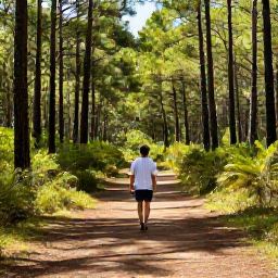 Caribbean Holidays, Bahamas Nature Holidays, Visitor walking through pine forest and open nature trail on a Bahamian island in warm June light