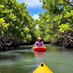 Caribbean Holidays, Bahamas Nature Holidays, Visitors kayaking through calm mangrove channels in The Bahamas, with bright water, native vegetation and sunlight filtering through the leaves