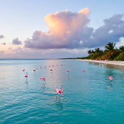 Caribbean Holidays, Bahamas Nature Holidays, Wild flamingos feeding in shallow turquoise water on a quiet Bahamian island at sunrise