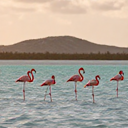 Caribbean Holidays, Bahamas Nature Holidays, Wild flamingos walking across a shallow salt flat on Grand Inagua in The Bahamas, with distant hills and warm natural light