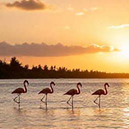 Caribbean Holidays, Bahamas Nature Holidays, Wild flamingos walking across shallow lagoon at sunset on a Bahamian island