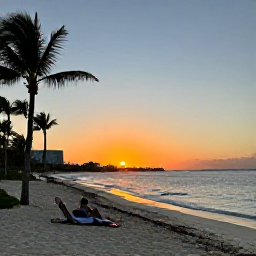 Caribbean Holidays, Bahamas November, A peaceful sunset over a Bahamian beach, with gentle waves, palm silhouettes and a couple relaxing near an all-inclusive resort