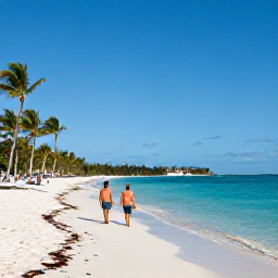 Caribbean Holidays, Bahamas November, A sunny beach in The Bahamas in November, with clear turquoise water, soft white sand, palm trees and a relaxed couple walking beside the sea