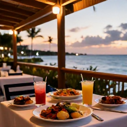 Caribbean Holidays, Bahamas November Break, Outdoor table at a Nassau restaurant at sunset with Bahamian seafood, tropical drinks and warm island lighting