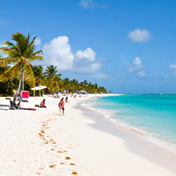 Caribbean Holidays, Bahamas November Break, Quiet November beach near Nassau with clear turquoise water, white sand, palm trees and a few relaxed holidaymakers