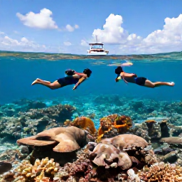 Caribbean Holidays, Bahamas November, Guests snorkelling above a colourful coral reef in clear Bahamian water, with tropical fish, bright sunlight and a boat visible in the distance