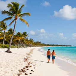 Caribbean Holidays, Bahamas November Holidays, A bright November morning on a white-sand Bahamian beach with turquoise water, palm trees and a relaxed couple exploring the shoreline