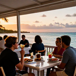 Caribbean Holidays, Bahamas November Holidays, A relaxed seaside restaurant at sunset in the Bahamas with fresh seafood, soft evening light and travellers dining outdoors