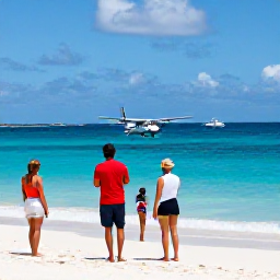 Caribbean Holidays, Bahamas November Holidays, A scenic Caribbean travel moment with a small aircraft or ferry arriving at an island, tropical coastline and travellers beginning a multi-country holiday