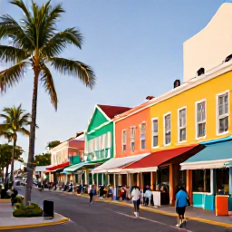 Caribbean Holidays, Bahamas November Holidays, Colourful Nassau street scene in November with Bahamian buildings, palm trees and local people enjoying a relaxed afternoon