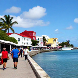 Caribbean Holidays, Bahamas November Holidays, Colourful Nassau waterfront with historic buildings, palm trees, fishing boats and visitors walking through a lively Caribbean market