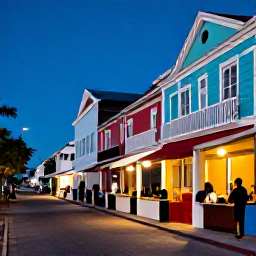Caribbean Holidays, Bahamas October, A colourful evening street scene in Nassau, The Bahamas, with local food, music and historic buildings