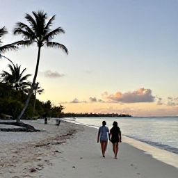 Caribbean Holidays, Bahamas October, A couple walking along a quiet white-sand beach at sunset in The Bahamas, with calm sea and palm silhouettes