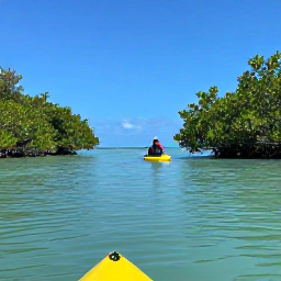 Caribbean Holidays, Bahamas October, Backpacker kayaking through calm turquoise water among mangroves near Exuma, The Bahamas