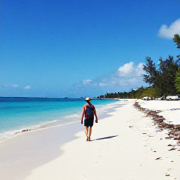 Caribbean Holidays, Bahamas October, Backpacker walking along a quiet white-sand beach in Nassau, The Bahamas, beneath a bright October sky