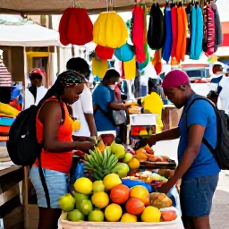 Caribbean Holidays, Bahamas October, Colourful local market in Nassau with backpackers browsing fresh fruit, handmade crafts and Bahamian food