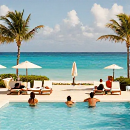 Caribbean Holidays, Bahamas October, Guests enjoying a relaxed all-inclusive resort beside a Bahamian pool, with palm trees, sun loungers and turquoise sea beyond