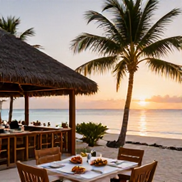 Caribbean Holidays, Bahamas October Holidays, A relaxed beachfront restaurant in the Bahamas at sunset, serving fresh seafood with palm trees and calm sea beyond