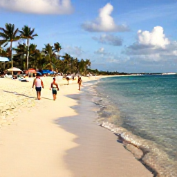 Caribbean Holidays, Bahamas October Holidays, Visitors walking along a beautiful Bahamian beach, with clear shallow water, colourful umbrellas and soft afternoon sunlight